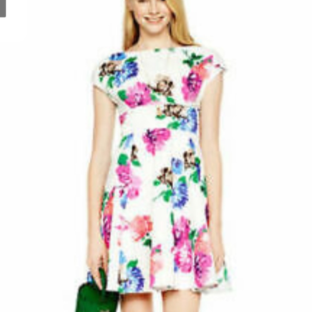 kate spade White Floral Fit-and-Flare Dress with Pink, Blue & Green Print